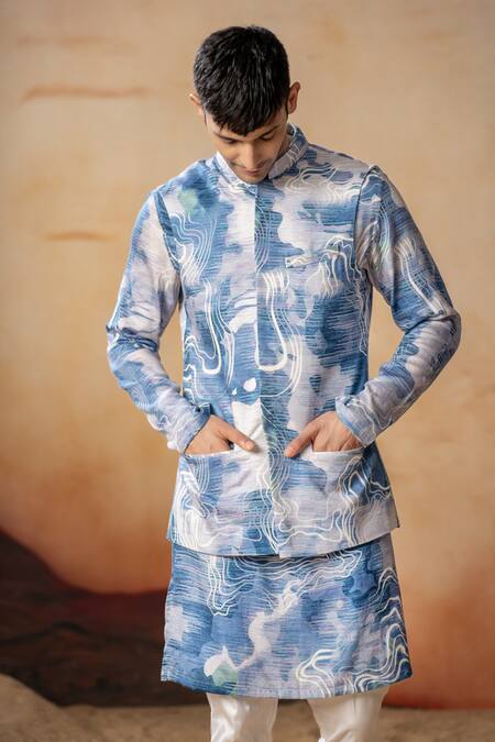 Hilo Design_Blue Cotton Satin Marble Print Bundi And Kurta Set _at_Aza_Fashions