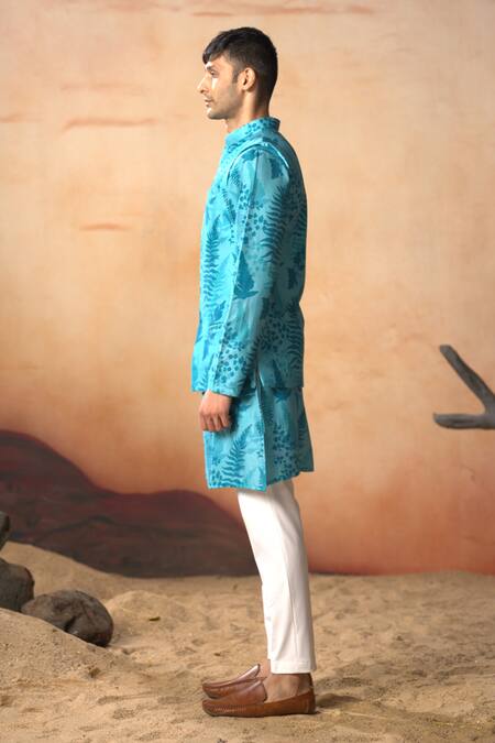 Buy_Hilo Design_Blue Cotton Satin Breezy Leaves Print Bundi And Kurta Set _Online_at_Aza_Fashions
