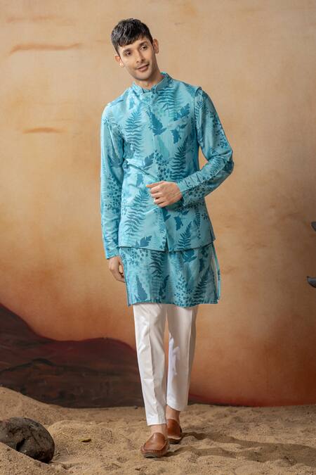 Shop_Hilo Design_Blue Cotton Satin Breezy Leaves Print Bundi And Kurta Set _Online_at_Aza_Fashions