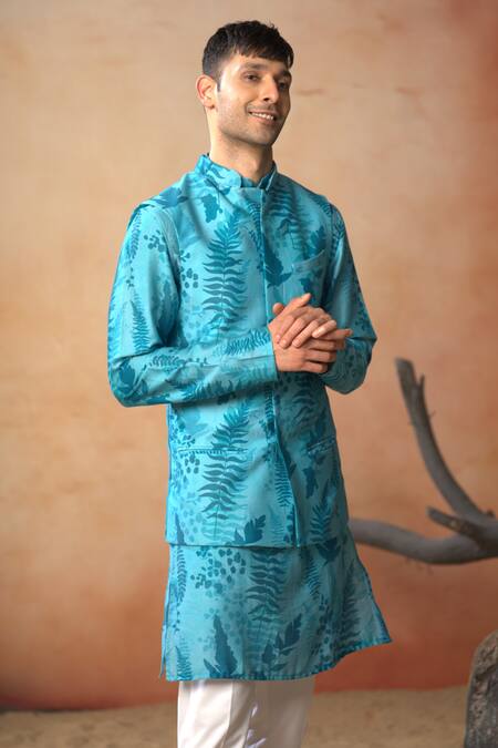 Hilo Design_Blue Cotton Satin Breezy Leaves Print Bundi And Kurta Set _at_Aza_Fashions