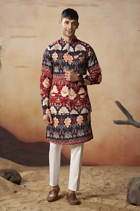 Hilo Design Opulent Blossom Floral Print Bundi & Kurta Set 