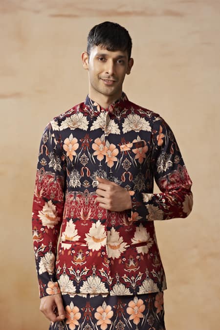 Hilo Design_Navy Cotton Satin, Lycra Embroidery Blossom Floral Print Bundi And Kurta Set _Online_at_Aza_Fashions