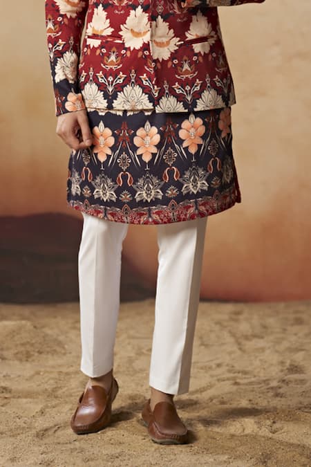 Buy_Hilo Design_Navy Cotton Satin, Lycra Embroidery Blossom Floral Print Bundi And Kurta Set _Online_at_Aza_Fashions