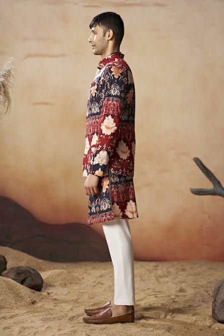 Shop_Hilo Design_Navy Cotton Satin, Lycra Embroidery Blossom Floral Print Bundi And Kurta Set _Online_at_Aza_Fashions