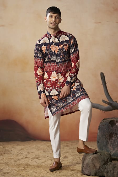 Hilo Design_Navy Cotton Satin, Lycra Embroidery Blossom Floral Print Bundi And Kurta Set _at_Aza_Fashions