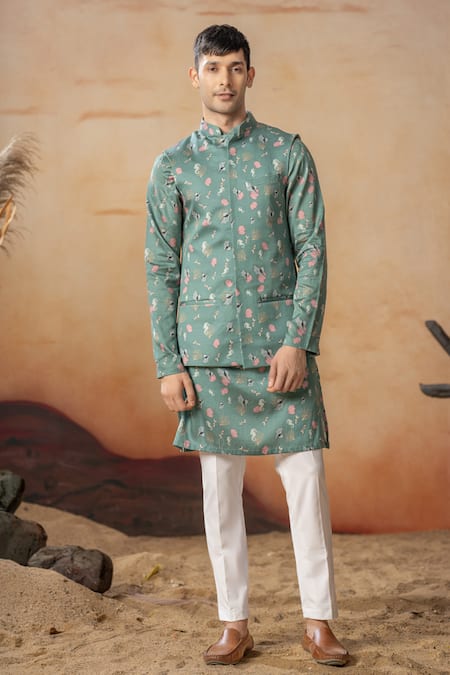 Hilo Design Coraline Sea Horse Print Bundi & Kurta Set 