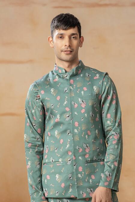 Hilo Design_Green Cotton Satin Coraline Sea Horse Print Bundi Set_Online_at_Aza_Fashions