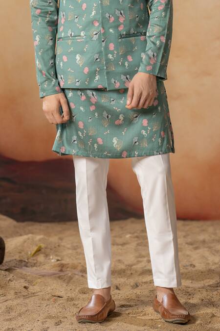 Buy_Hilo Design_Green Cotton Satin Coraline Sea Horse Print Bundi Set_Online_at_Aza_Fashions