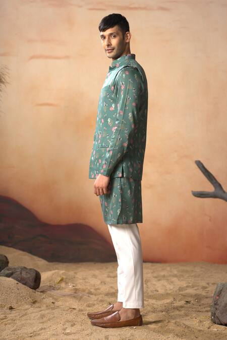 Shop_Hilo Design_Green Cotton Satin Coraline Sea Horse Print Bundi Set_Online_at_Aza_Fashions