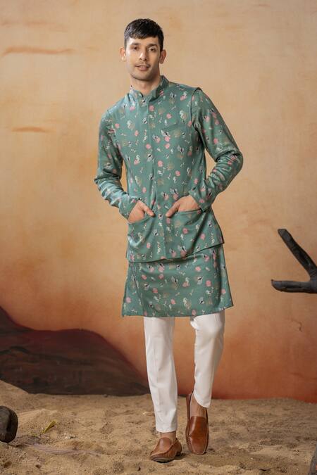 Hilo Design_Green Cotton Satin Coraline Sea Horse Print Bundi Set_at_Aza_Fashions