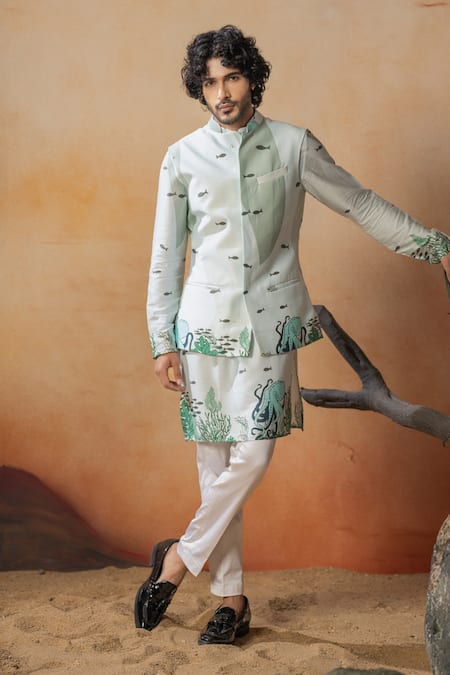 Hilo Design Triton Deep Sea Print Bundi & Kurta Set 