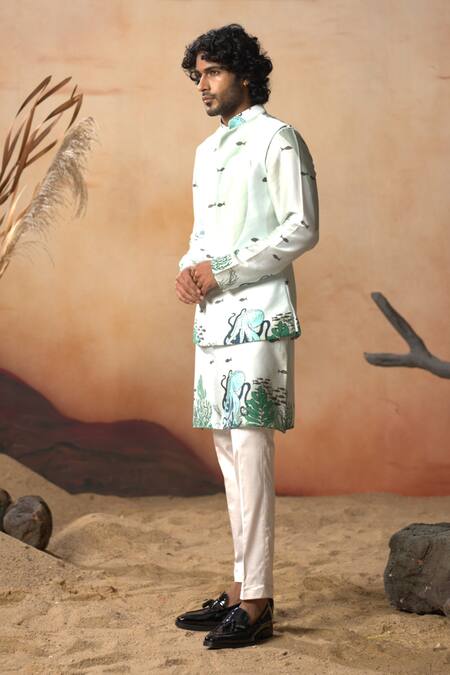Hilo Design_Green Cotton Satin Embroidery Triton Deep Sea Print Bundi Set _Online_at_Aza_Fashions