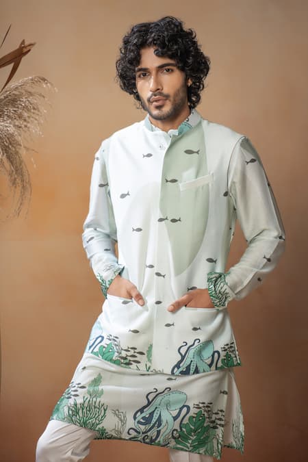 Shop_Hilo Design_Green Cotton Satin Embroidery Triton Deep Sea Print Bundi Set _Online_at_Aza_Fashions