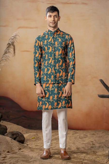 Hilo Design Tealock Peacock Print Bundi & Kurta Set 