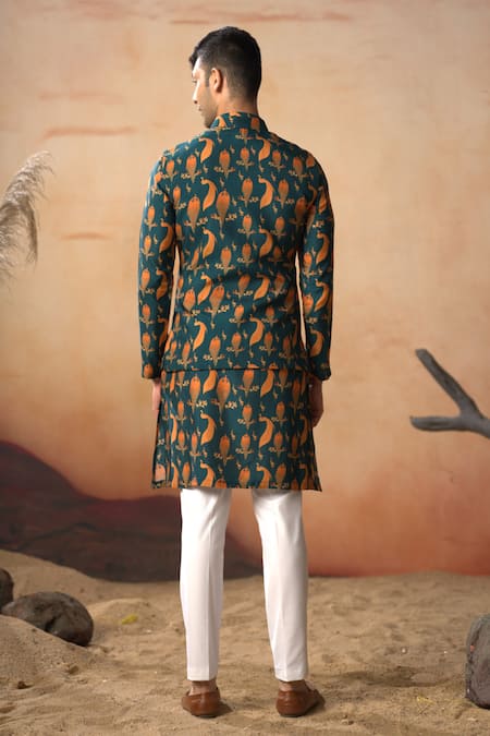 Hilo Design Peacock Printed Bundi & Kurta Set 