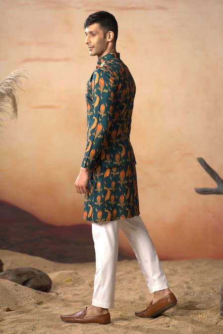 Buy Hilo Design Green Silk, Cotton Satin Peacock Printed Bundi And Kurta Set Online at Aza Fashions Buy_Hilo Design_Green Silk, Cotton Satin Peacock Printed Bundi And Kurta Set_Online_at_Aza_Fashions