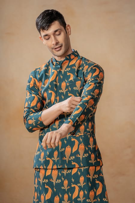 Shop Hilo Design Green Silk, Cotton Satin Peacock Printed Bundi And Kurta Set Online at Aza Fashions Shop_Hilo Design_Green Silk, Cotton Satin Peacock Printed Bundi And Kurta Set_Online_at_Aza_Fashions