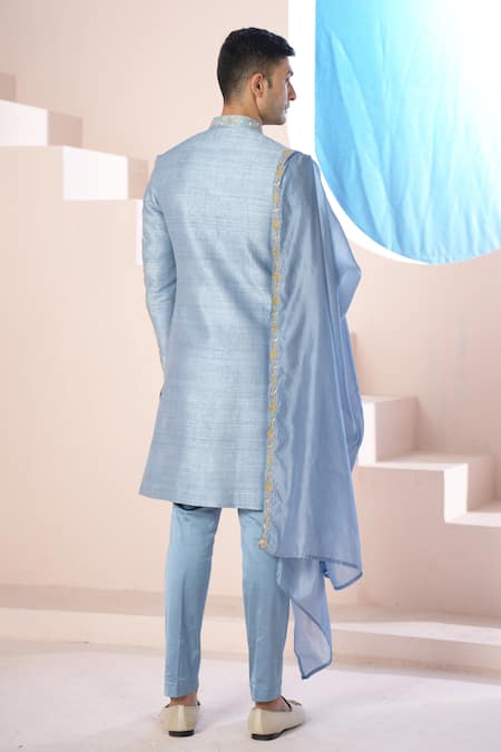 Hilo Design Powder Blue Zardozi Embroidered Sherwani Set 