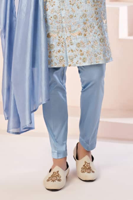 Hilo Design_Blue Cotton Satin, Organza, Silk Embroidery, Zari Powder Zardozi Sherwani Set _Online_at_Aza_Fashions