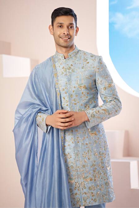 Buy_Hilo Design_Blue Cotton Satin, Organza, Silk Embroidery, Zari Powder Zardozi Sherwani Set _Online_at_Aza_Fashions