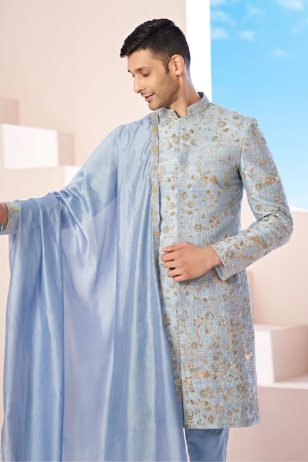 Shop_Hilo Design_Blue Cotton Satin, Organza, Silk Embroidery, Zari Powder Zardozi Sherwani Set _Online_at_Aza_Fashions
