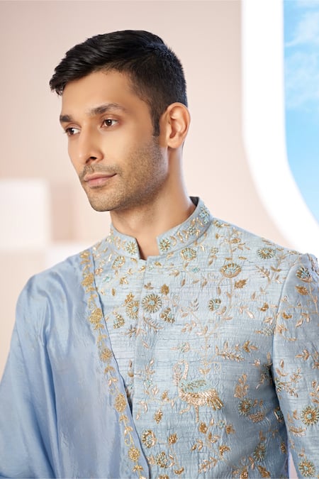 Hilo Design_Blue Cotton Satin, Organza, Silk Embroidery, Zari Powder Zardozi Sherwani Set _at_Aza_Fashions