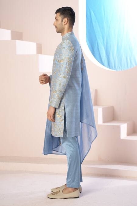 Buy_Hilo Design_Blue Cotton Satin, Organza, Silk Embroidery, Zari Powder Zardozi Sherwani Set 
