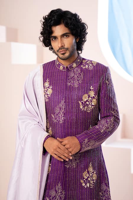 Hilo Design Purple Satin, Cotton Satin, Silk Embroidery, Cut Work, Cutdana Sherwani Set Online at Aza Fashions Hilo Design_Purple Satin, Cotton Satin, Silk Embroidery, Cut Work, Cutdana Sherwani Set _Online_at_Aza_Fashions