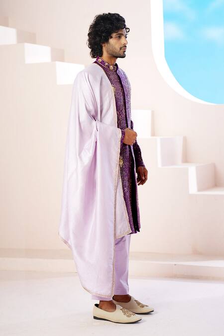 Buy Hilo Design Purple Satin, Cotton Satin, Silk Embroidery, Cut Work, Cutdana Sherwani Set Online at Aza Fashions Buy_Hilo Design_Purple Satin, Cotton Satin, Silk Embroidery, Cut Work, Cutdana Sherwani Set _Online_at_Aza_Fashions