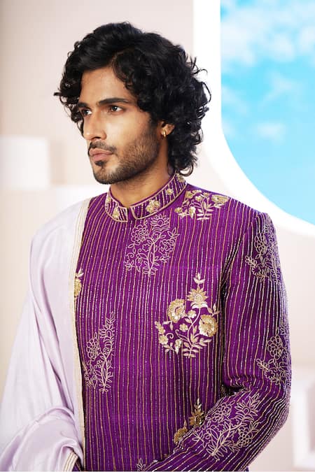 Shop Hilo Design Purple Satin, Cotton Satin, Silk Embroidery, Cut Work, Cutdana Sherwani Set Online at Aza Fashions Shop_Hilo Design_Purple Satin, Cotton Satin, Silk Embroidery, Cut Work, Cutdana Sherwani Set _Online_at_Aza_Fashions