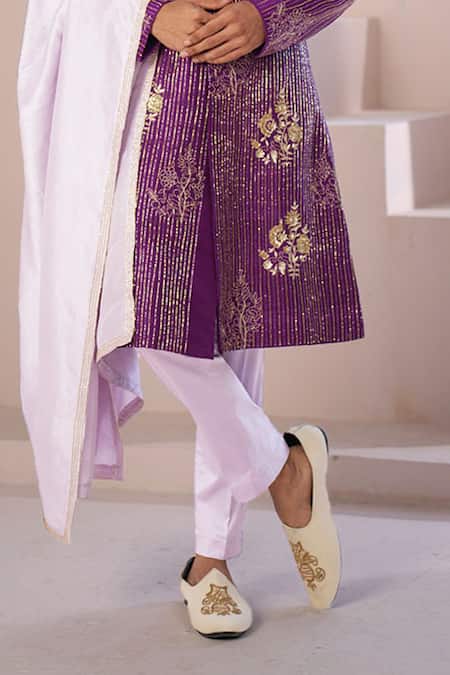 Hilo Design Purple Satin, Cotton Satin, Silk Embroidery, Cut Work, Cutdana Sherwani Set at Aza Fashions Hilo Design_Purple Satin, Cotton Satin, Silk Embroidery, Cut Work, Cutdana Sherwani Set _at_Aza_Fashions