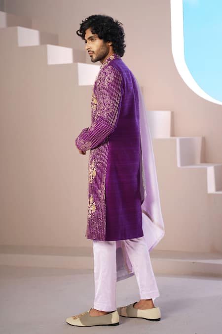 Buy Hilo Design Purple Satin, Cotton Satin, Silk Embroidery, Cut Work, Cutdana Sherwani Set Buy_Hilo Design_Purple Satin, Cotton Satin, Silk Embroidery, Cut Work, Cutdana Sherwani Set