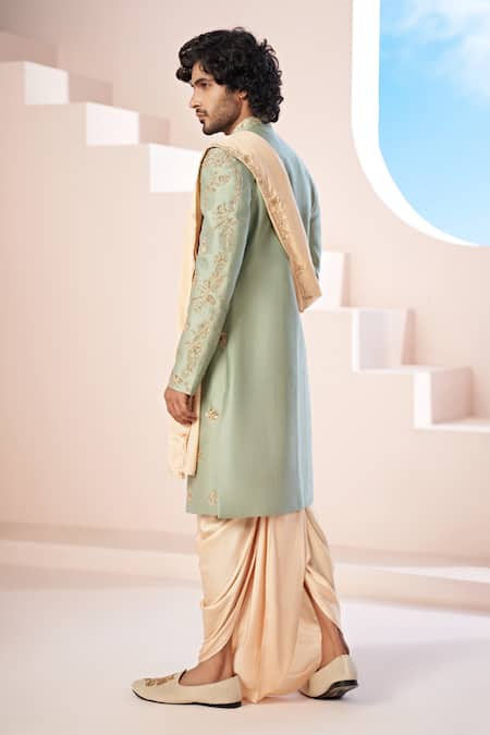 Hilo Design Olive Green Zardozi Sherwani Set 