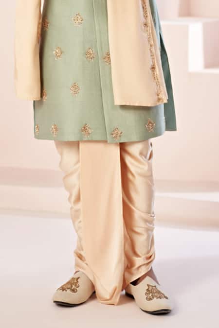 Hilo Design_Beige Satin, Cotton Satin, Lycra, Silk Sequins, Olive Green Zardozi Sherwani Set _Online_at_Aza_Fashions