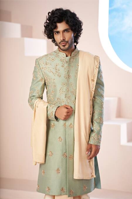 Buy_Hilo Design_Beige Satin, Cotton Satin, Lycra, Silk Sequins, Olive Green Zardozi Sherwani Set _Online_at_Aza_Fashions