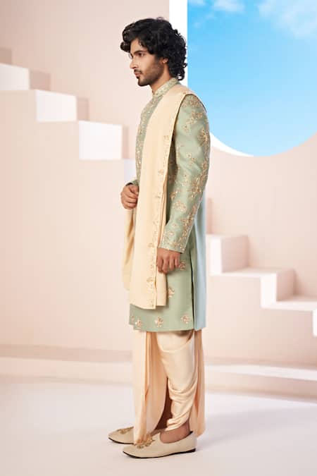 Shop_Hilo Design_Beige Satin, Cotton Satin, Lycra, Silk Sequins, Olive Green Zardozi Sherwani Set _Online_at_Aza_Fashions