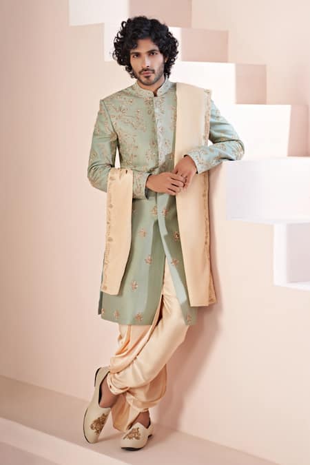 Hilo Design_Beige Satin, Cotton Satin, Lycra, Silk Sequins, Olive Green Zardozi Sherwani Set _at_Aza_Fashions