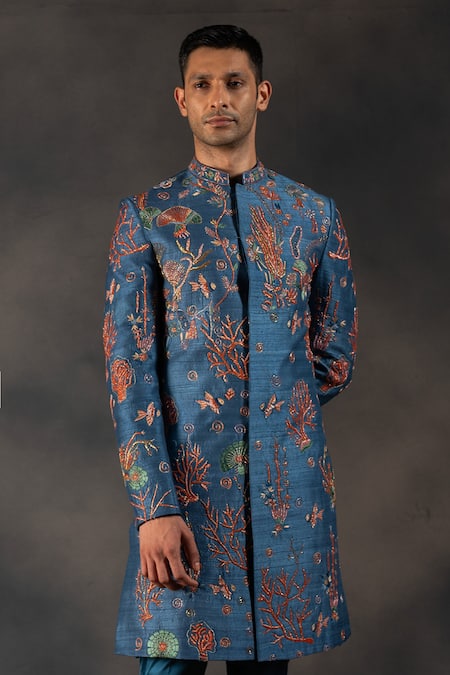 Hilo Design Blue Zardozi Embroidered Sherwani Set 
