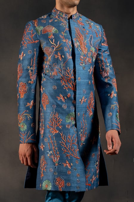 Hilo Design_Blue Cotton Satin, Silk Zari, Embroidery Zardozi Sherwani Set _Online_at_Aza_Fashions