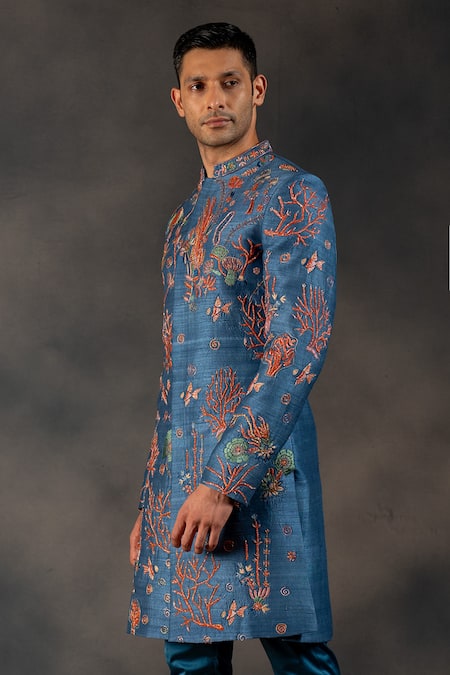 Buy_Hilo Design_Blue Cotton Satin, Silk Zari, Embroidery Zardozi Sherwani Set _Online_at_Aza_Fashions