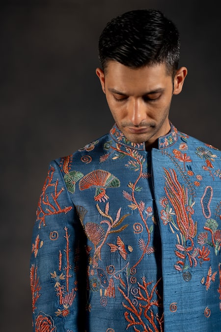 Shop_Hilo Design_Blue Cotton Satin, Silk Zari, Embroidery Zardozi Sherwani Set _Online_at_Aza_Fashions