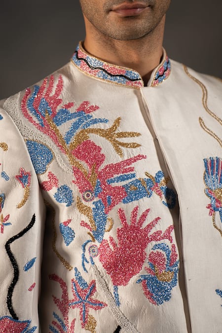 Hilo Design Off White Cotton Satin, Silk Cut Work, Embroidery Marine Cutdana Sherwani Set Online at Aza Fashions Hilo Design_Off White Cotton Satin, Silk Cut Work, Embroidery Marine Cutdana Sherwani Set _Online_at_Aza_Fashions