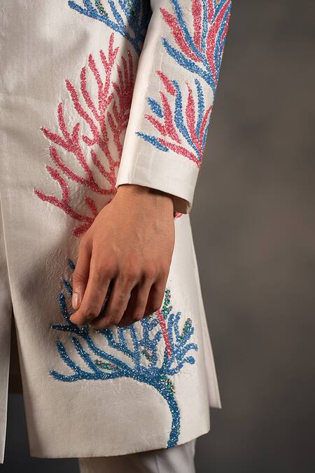 Buy Hilo Design Off White Cotton Satin, Silk Cut Work, Embroidery Marine Cutdana Sherwani Set Online at Aza Fashions Buy_Hilo Design_Off White Cotton Satin, Silk Cut Work, Embroidery Marine Cutdana Sherwani Set _Online_at_Aza_Fashions