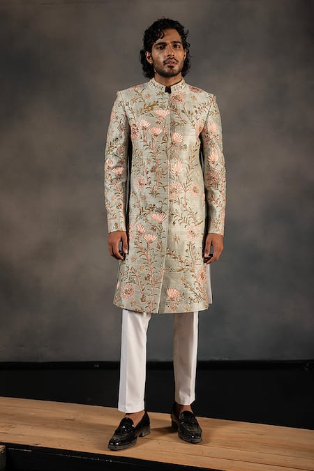 Hilo Design Raw Silk Embroidered Sherwani Set 