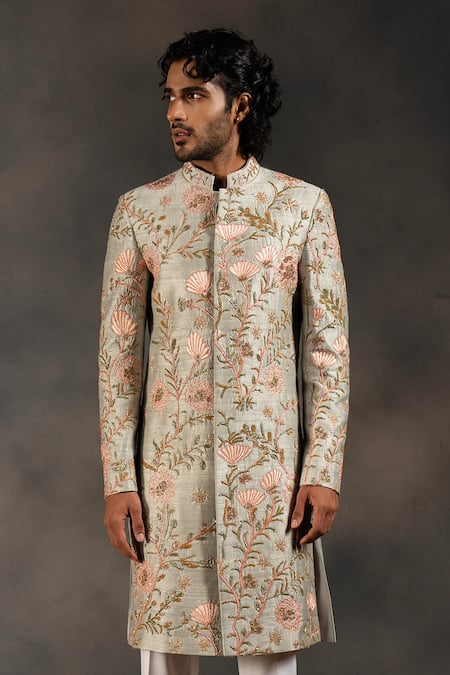 Hilo Design Minty Coral Raw Silk Sherwani Set 