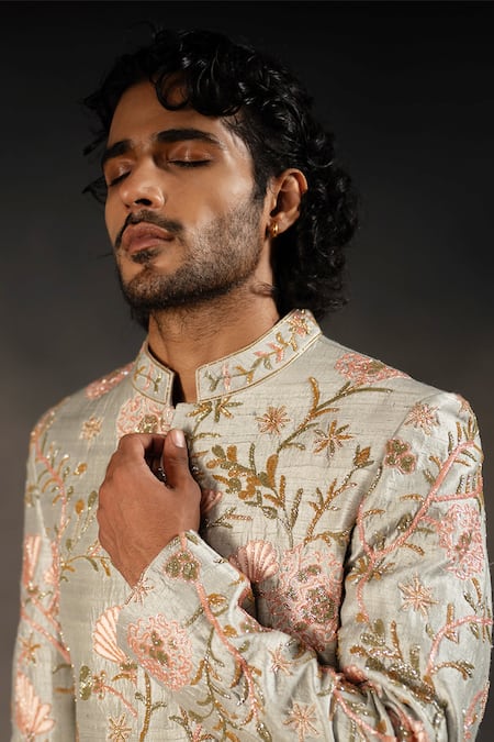 Hilo Design White Cotton Satin, Silk Cut Work, Embroidery Minty Coral Raw Sherwani Set Online at Aza Fashions Hilo Design_White Cotton Satin, Silk Cut Work, Embroidery Minty Coral Raw Sherwani Set _Online_at_Aza_Fashions