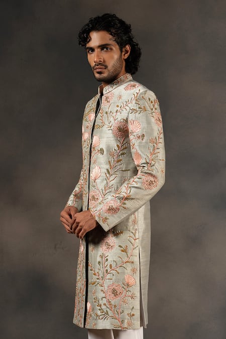 Buy Hilo Design White Cotton Satin, Silk Cut Work, Embroidery Minty Coral Raw Sherwani Set Online at Aza Fashions Buy_Hilo Design_White Cotton Satin, Silk Cut Work, Embroidery Minty Coral Raw Sherwani Set _Online_at_Aza_Fashions