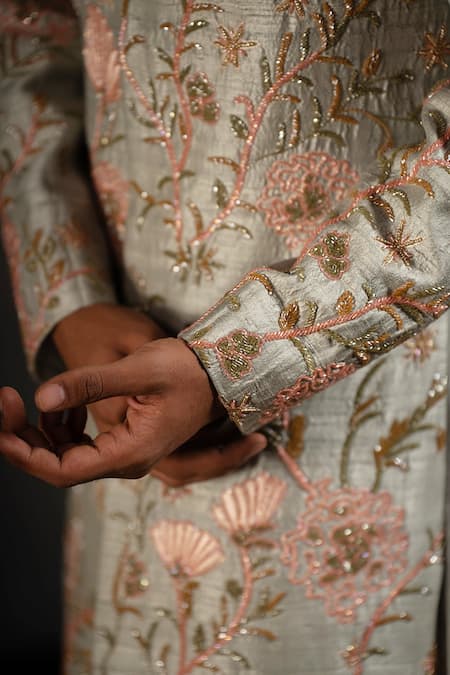 Shop Hilo Design White Cotton Satin, Silk Cut Work, Embroidery Minty Coral Raw Sherwani Set Online at Aza Fashions Shop_Hilo Design_White Cotton Satin, Silk Cut Work, Embroidery Minty Coral Raw Sherwani Set _Online_at_Aza_Fashions