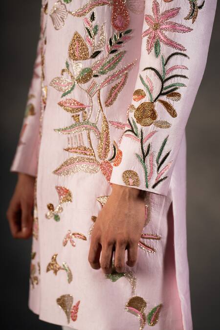 Hilo Design_White Cotton Satin, Silk Cut Work, Embroidery Floral Cutdana Sherwani Set _Online_at_Aza_Fashions