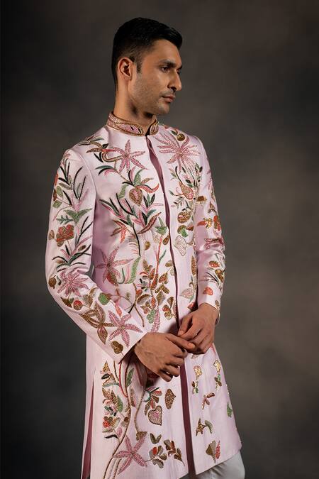 Buy_Hilo Design_White Cotton Satin, Silk Cut Work, Embroidery Floral Cutdana Sherwani Set _Online_at_Aza_Fashions